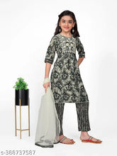 Embroidered cotton girls kurta set with trousers and dupatta, A-line top pattern, three-quarter sleeves, sizes: 8-9yrs, 9-10yrs, 10-11yrs, 11-12yrs, 12-13yrs, 13-14yrs. Made in India